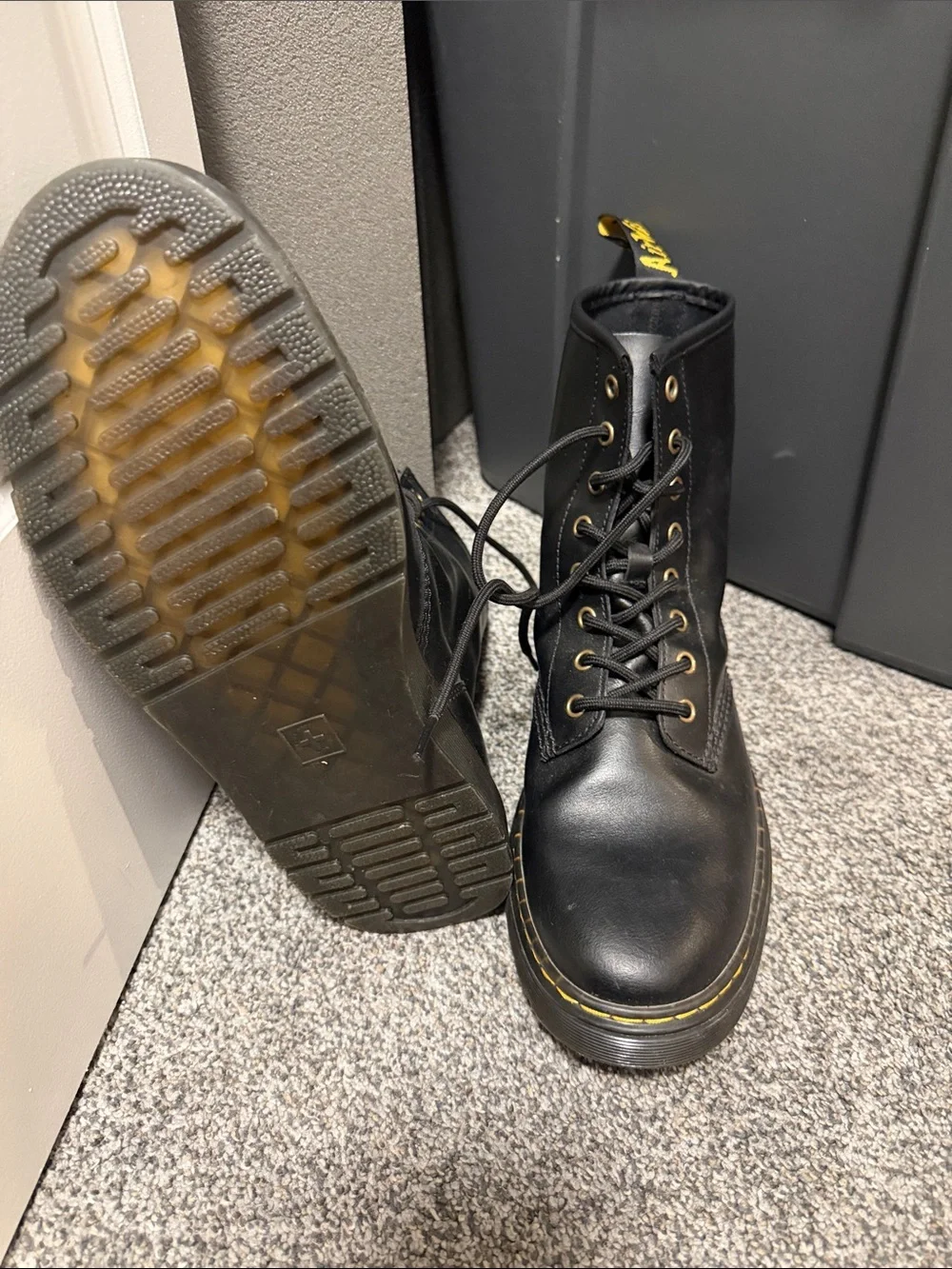 Doc Martens Zavala Black Leather Combat Boots with Yellow Stitching - men’s 10